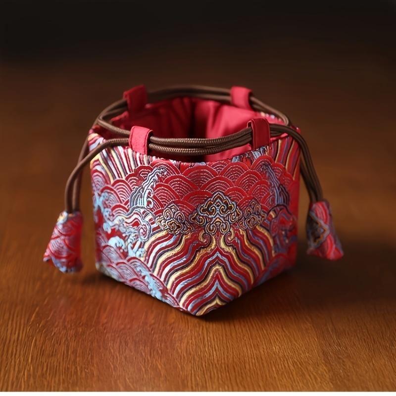 Elegant Chinese Pattern Satin Jacquard Tote Bag - Zen-Inspired, Classic Design with Blue & Golden Floral Print, Perfect for Parties, Business Gifts