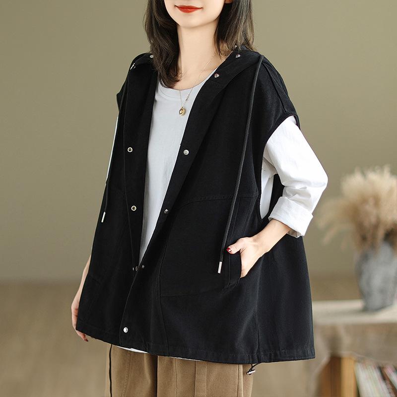 

Осень Плюс Художественная Свободная Куртка С Капюшоном Камзол Рабочая Одежда Жилет для Женщин Куртки и Пальто Женские 2XL чёрный