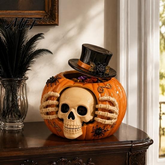 Dark Gothic Home Decor Halloween Skull Pumpkin Candy Jar with Top Hat Lid, Resin Decorative Creative Craft Gifts Storage Container, Desktop Organizer