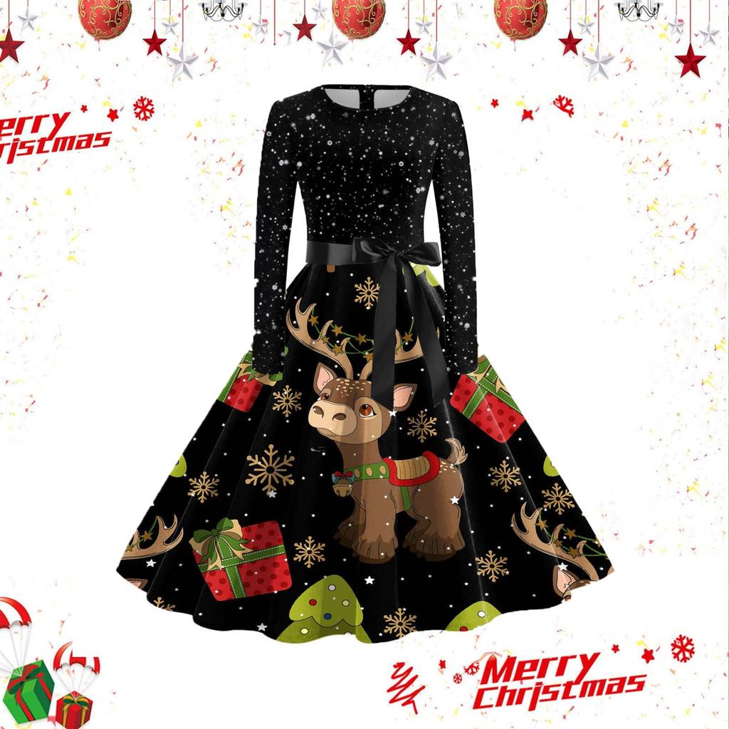 Women's Casual Fashion Long Sleeve Christmas Elk Printed Vintage Long Dresses
