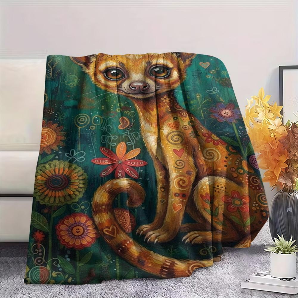 1PC Bohemian Kinkajou Art Print FlAannel Blanket, High quality Comfortable for All Seasons, Home Decor, Warmth and Comfort