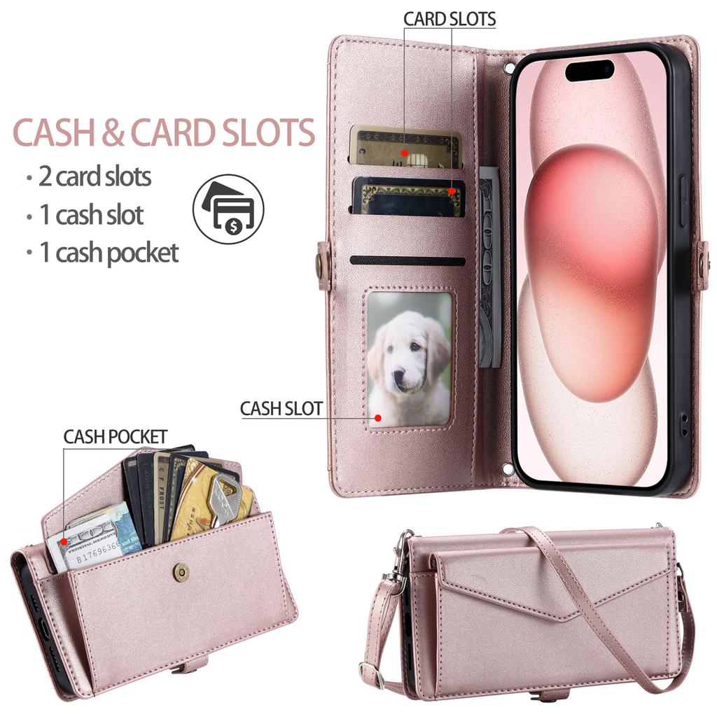 Für iPhone 16 Plus Lederhülle Brieftasche Ständer Handyhülle mit Riemen