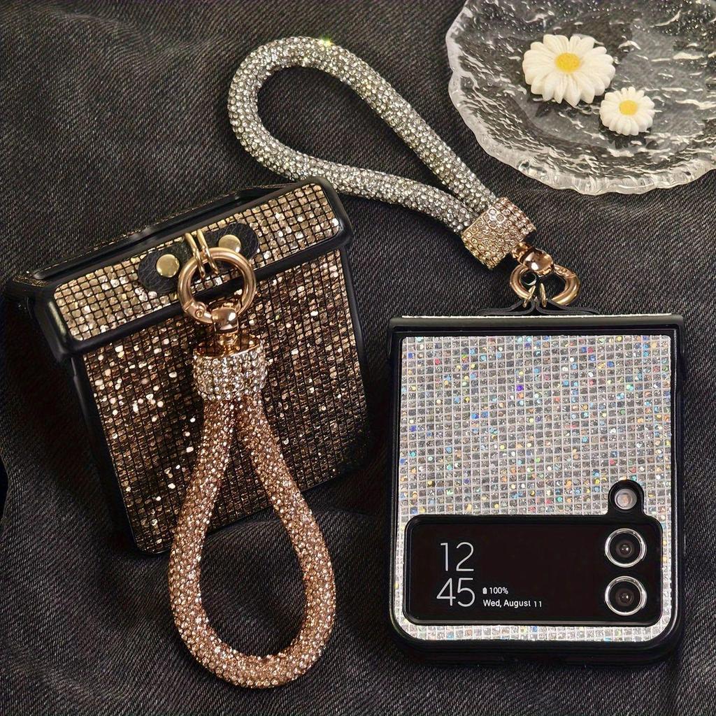 Etui ochronne na smycz z cyrkoniami do Samsung Z Flip7 z pełnym pokryciem i zintegrowanym zawiasem
