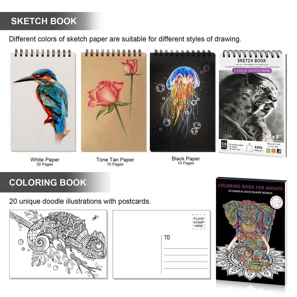 HIFORNY Drawing Sketch Art Coloring Black Colored Charcoal Blending and More Set, Kit, Supplies, 3-Color Sketchbook, Book, Rainbow, Watercolor,