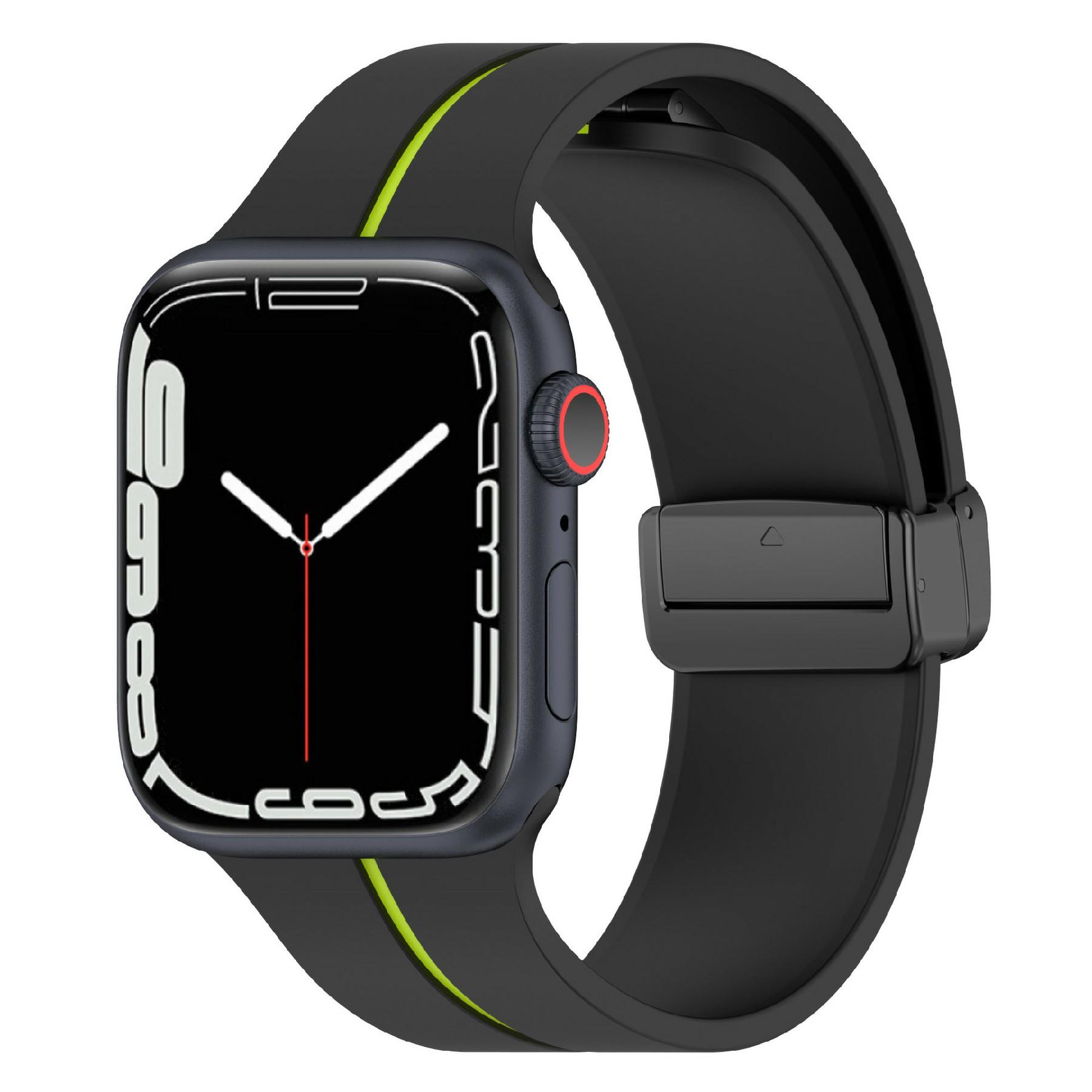 

KALEBOL Magnetic Silicone Strap for Apple Watch Series 10 9 8 7 SE 6 5 4 3 2 1 42mm 41mm 40mm 38mm Stripe Watch Band Black+Red