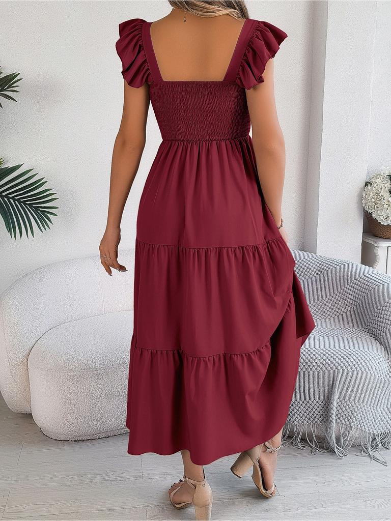 Square Neck Solid Color Dress High Waist Elegant Ruffle Edge Dress for Women Sleeveless Loose Dresses Causal Dress