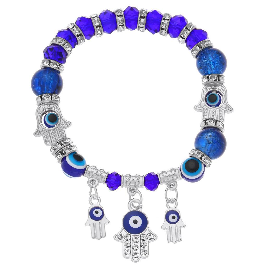 Blue Devil Eye Resin Bead Bracelet with Fatima Palm Pendant