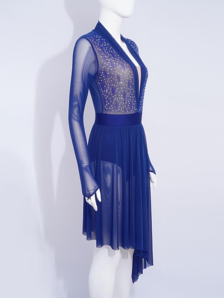 Damen Lyrical Tanzkleid S-XXL: Transparenter Netzstoff Langarm mit glitzernden Strasssteinen & Eingearbeiteten Schrittknöpfen Höschen Rüschen Design