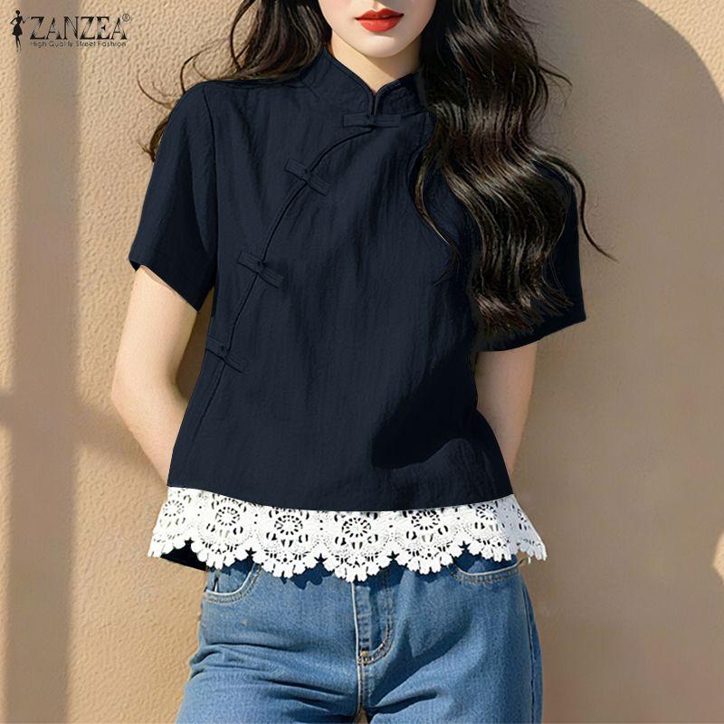 ZANZEA Women Summer Stand Collar Short Sleeve Lace Splice Casual Blouse
