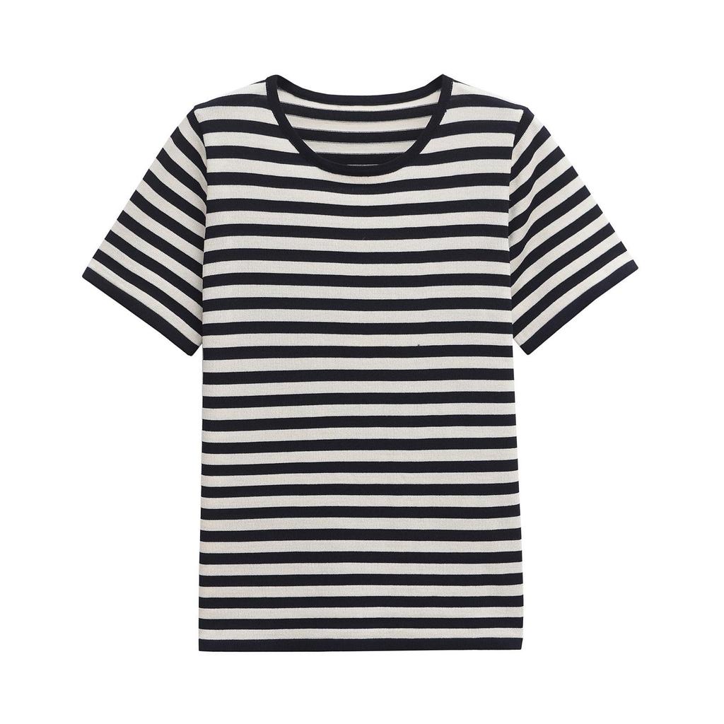 2025 Spring Women's Striped Short Sleeve Knitted Top - European & American Style Fashion