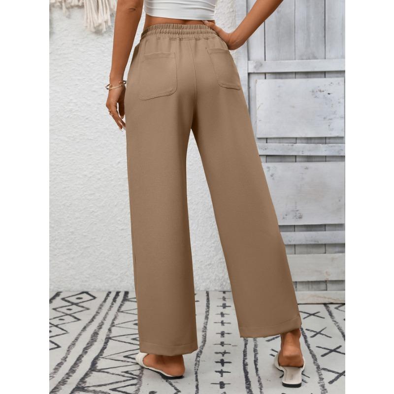 Summer New Women's Casual Drawstring Flowing Trousers Wide Leg Pants with Pockets