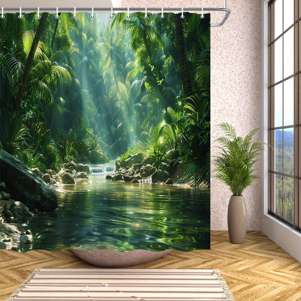 Tropical Jungle Shower Curtain Green Forest River Scene Nature Art Calm Wilderness Decor Waterproof Printed Bath Curtain Home