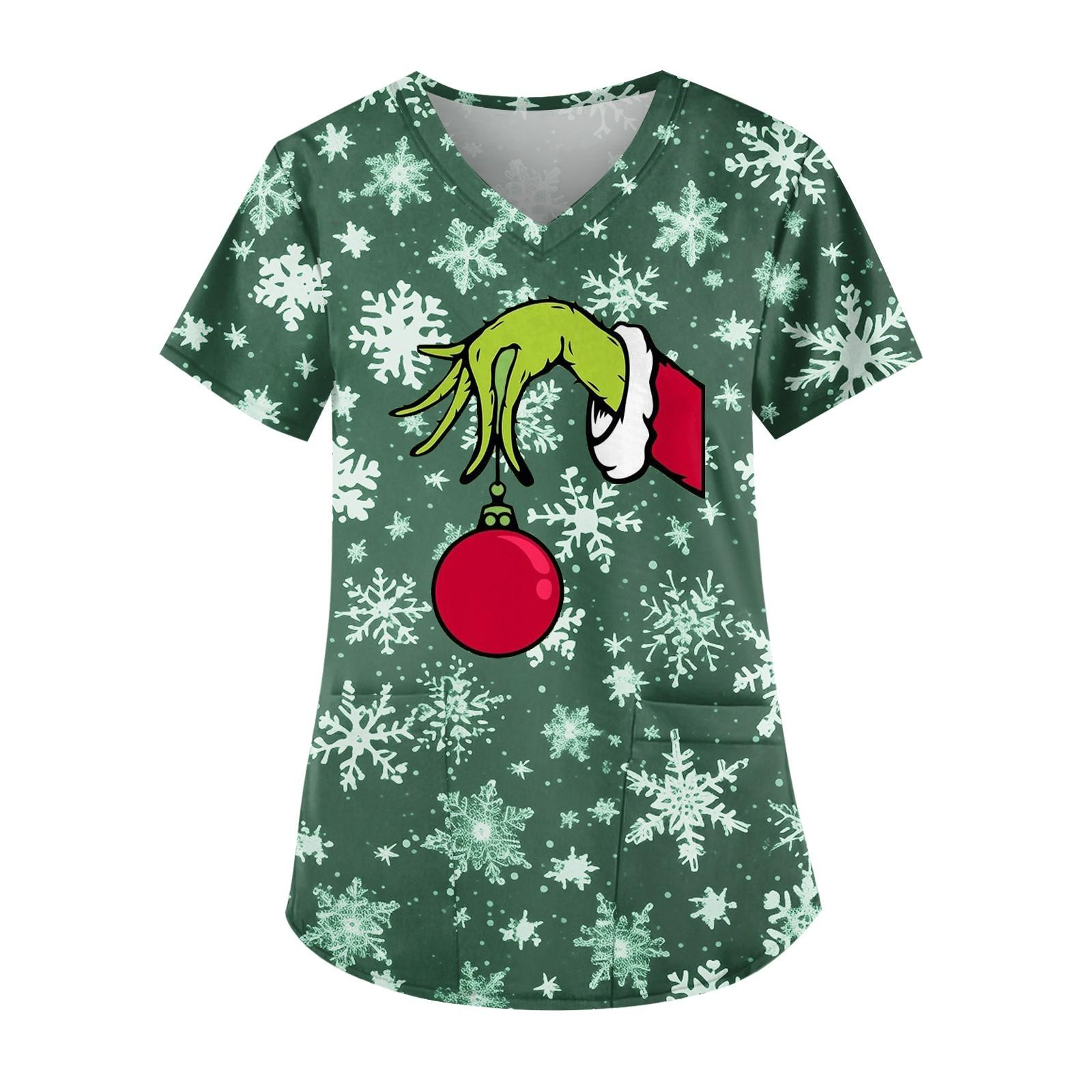 

Women s Cute Printed Work Clothes V-neck Double Layer Pockets Basic Short Sleeve Top Pullover Christmas XL
