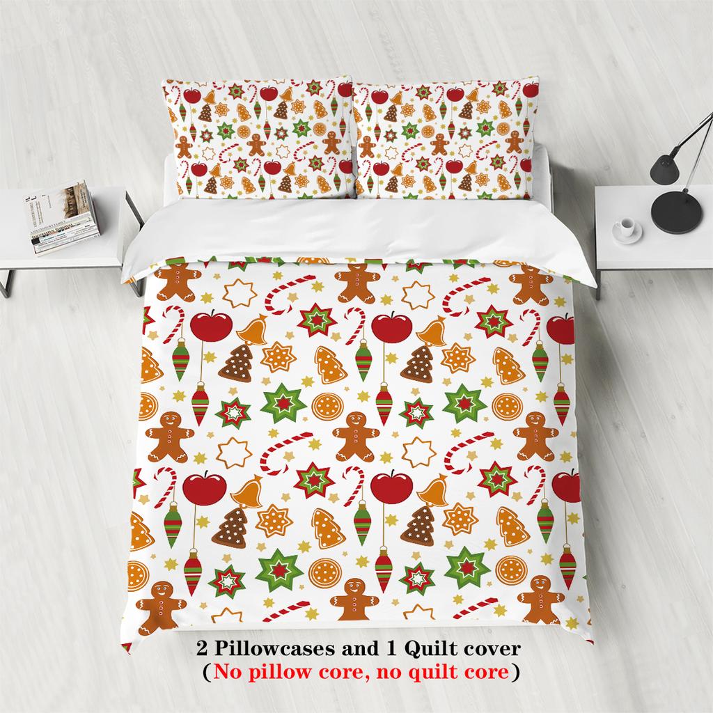 3-piece Christmas Cute Gingerbread Man Pattern Print (1 duvet cover+2 pillowcases, no core) Comfortable Bedding Set