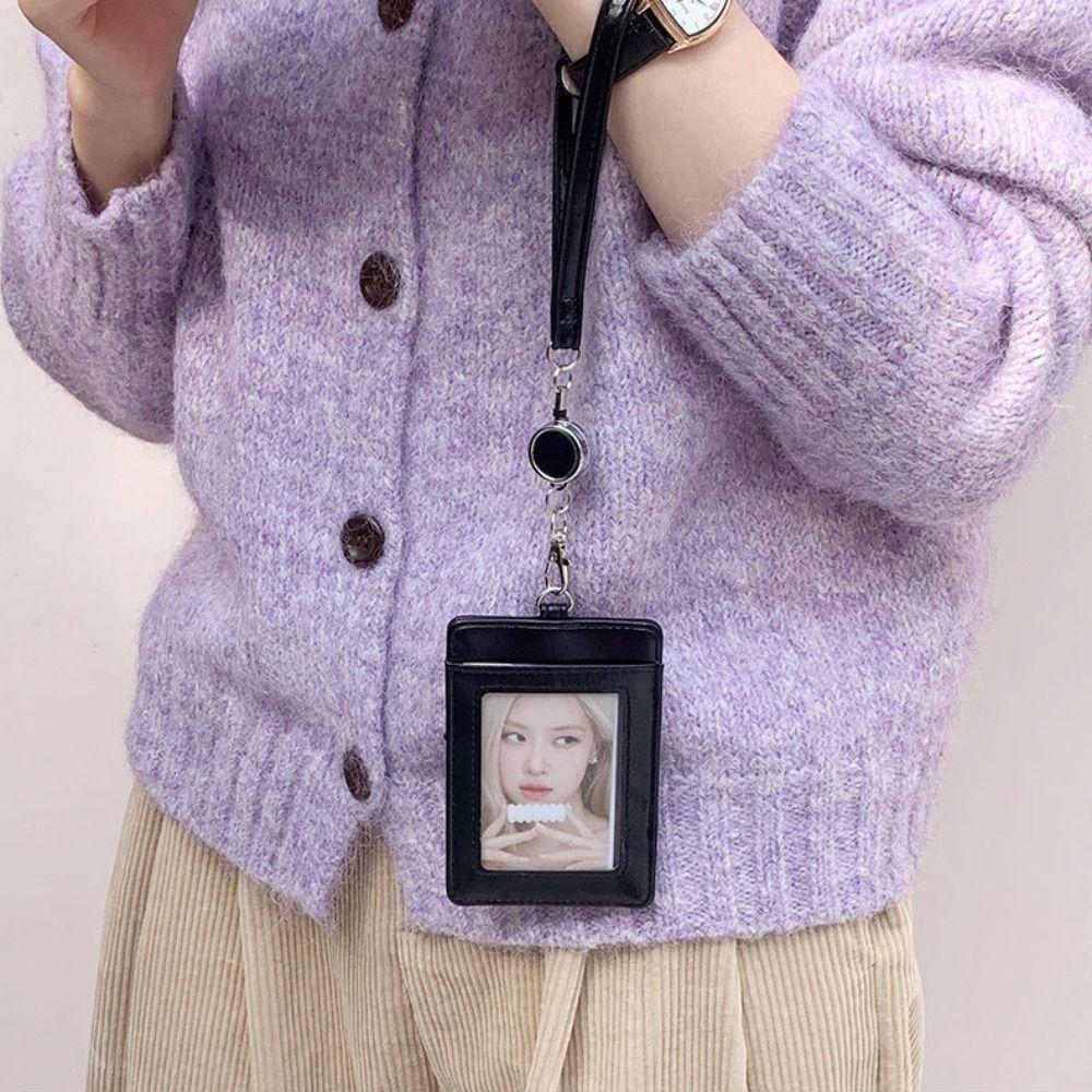 Retractable Bow Leather Card Holder PU Leather Bus ID Holders Work Card Cover Men Women