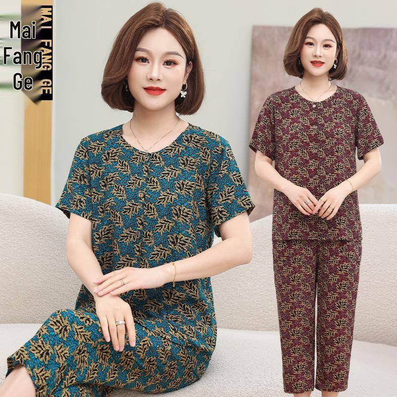 Mom's Fashionable Summer Short-Sleeve Set: Stylish Cardigan Top, Cool Two-Piece Outfit for Middle-Aged and Elderly Women.