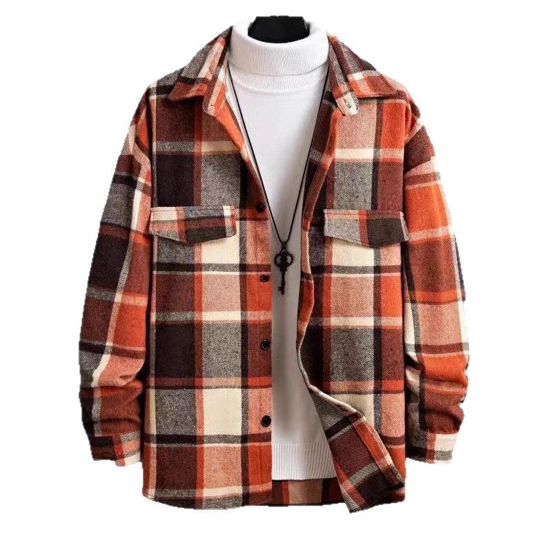 Spring and Autumn New Style Elegant Lapel Checkered Men's Shirt Retro Brushed Casual Long Sleeve Jacket