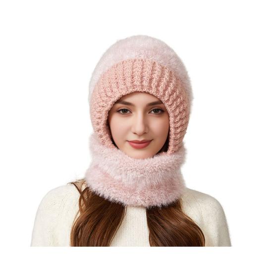 Yousheng Riding Headgear 3 in 1 Hat Scarf Face Guard Solid Color Plush Ball Decor Thickened Warm Windproof Winter Hat