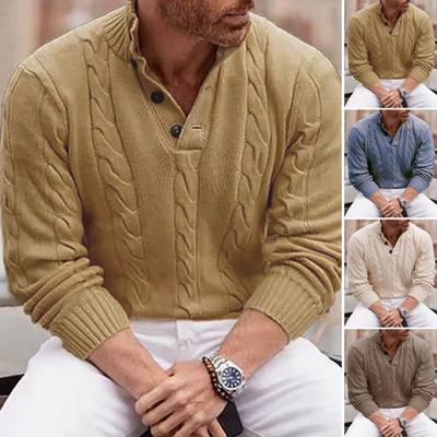 Fall Winter Men Sweater High Collar Neck Protection Buttons Knitted Thickened Pure Color