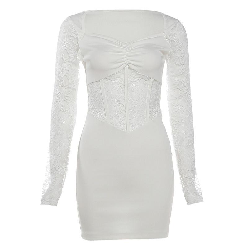 2026 European and American style spring and summer new women's clothing solid color slim-fitting fashion square neck long-sleeved mesh splicing dress