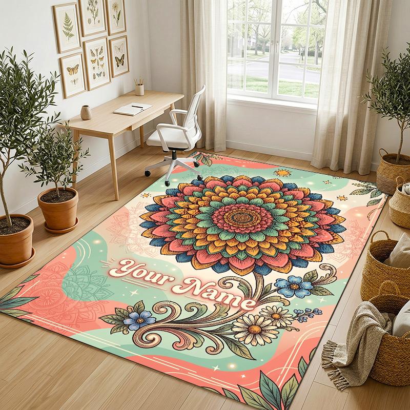 Floral Garden Theme Crystal Velvet Rug Personalized Custom Name Text Soft Floor Mat Home Decor