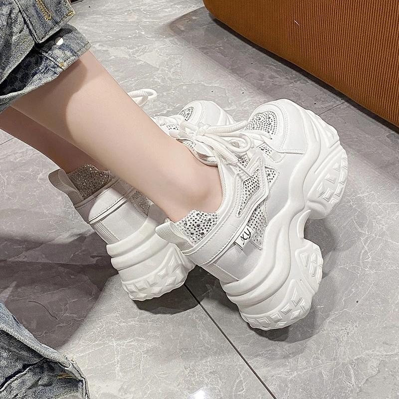 Fashion 11CM Women Casual Platform Sneakers High Heels 2024 New Autumn Sports Leather Shoes Bling Trainers Chunky Sneakers Zapatos Mujer