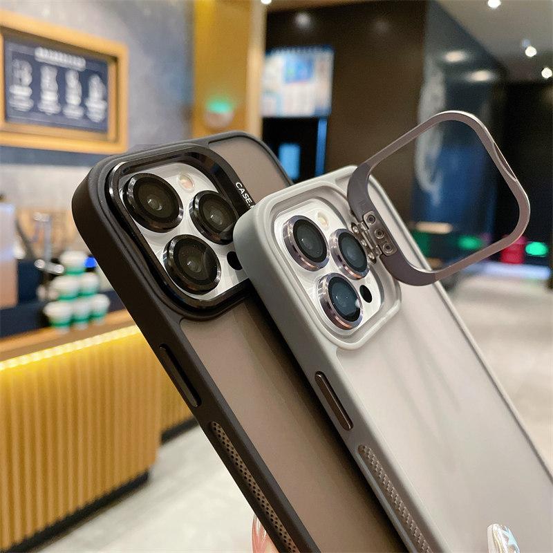 With Lesn Film Metal Camera Holder Stand Phone Case For iPhone 15 Plus 14 Pro Max 13 Pro 12 11 Shockproof Matte Lens Bracket Shell Cover