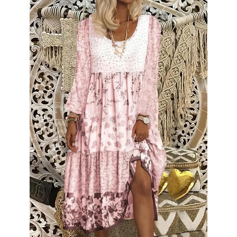 Women Long Sleeve Printed Round Neck Casual Dress