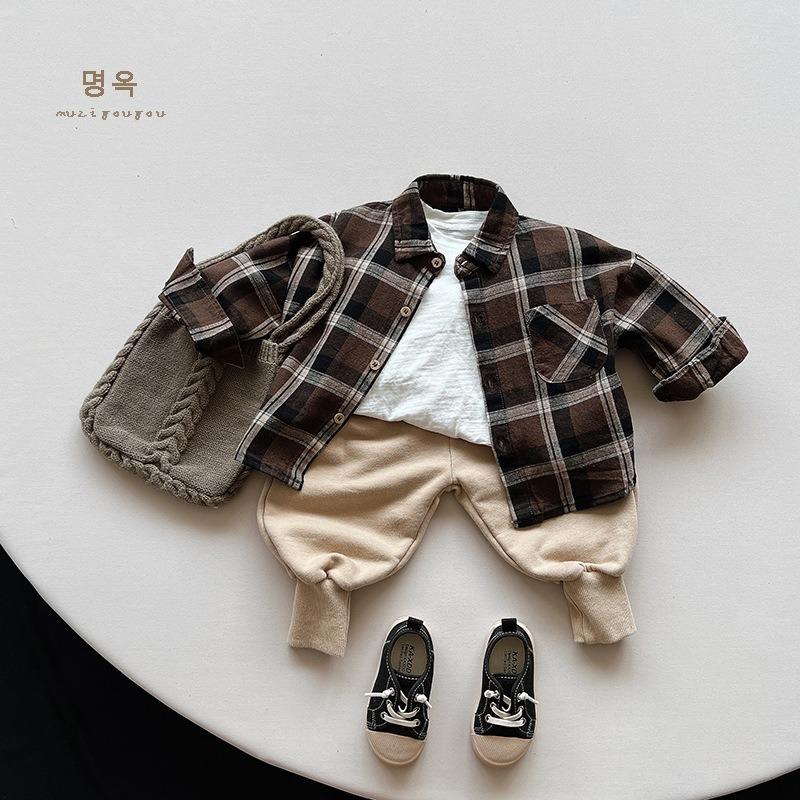 Kids Korean Style Retro Long Sleeve Plaid Shirt For Boys And Girls