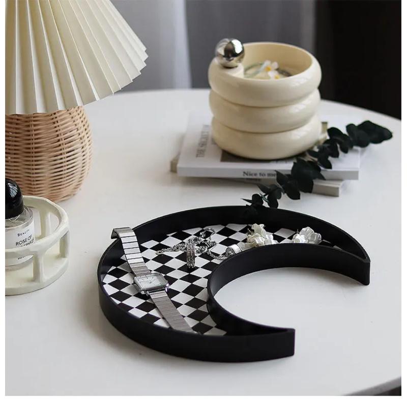 Square Crescent Shaped Storage Tray - Black And White Chessboard Desktop Tray, Moon Tray, Decorative Tray, Storage Box