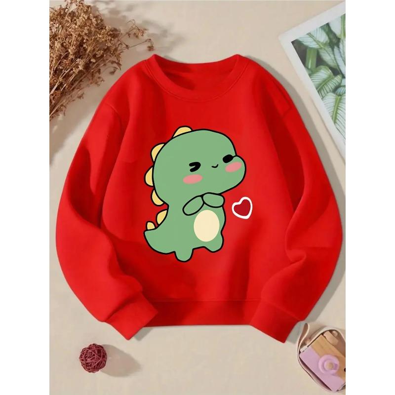 European sizes Kids' Round-Neck Hoodie - Cute Green Dinosaur with Heart , Sportswear And Casual Wear, Soft And Comfortable