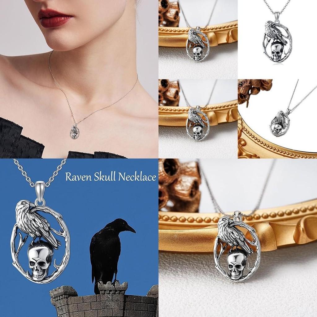 Halloween Skull Pendant Necklace With Crow Shape Design For Gothic Fashion Enthusiasts