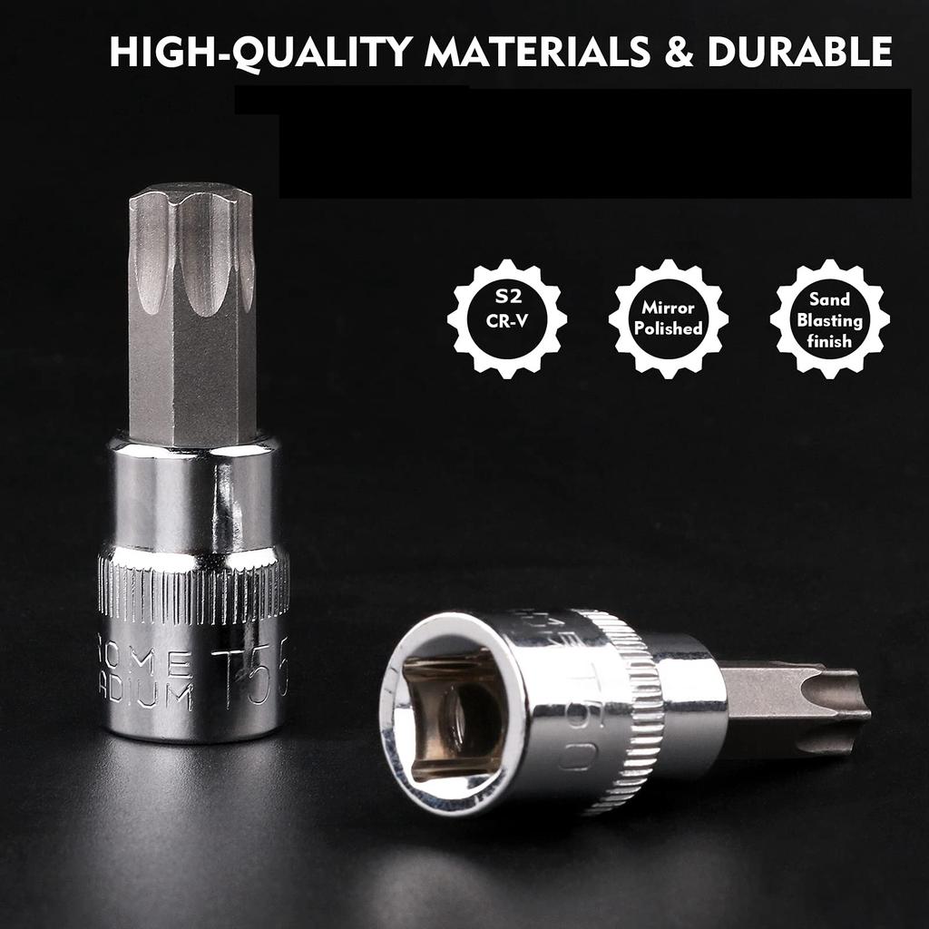 13pcs Torx Bit Socket Set, CRV Sockets, S2 Steel Bits, 1/4-inch (T8-T30), 3/8-inch (T40-T60) & 1/2-inch (T70) Drive, with Case