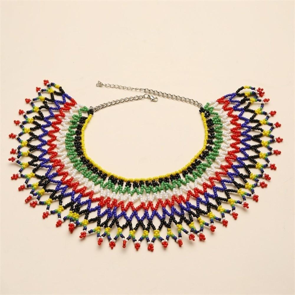 Ethnic Style Bead Chunky Necklace Bohemian Mesh Bib Collar Woven Choker Necklace Women Jewelry