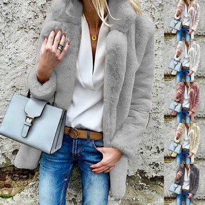 Fashion Womens Loose Solid Color Long-sleeved Lapel Women's Fleece Plush Coat Coat