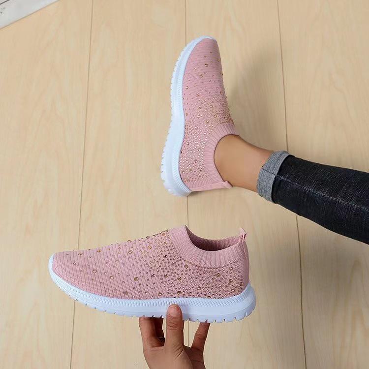 2022 Plus Size Rhinestone Slip-On Fly-Knit Mesh Women's Casual Shoes