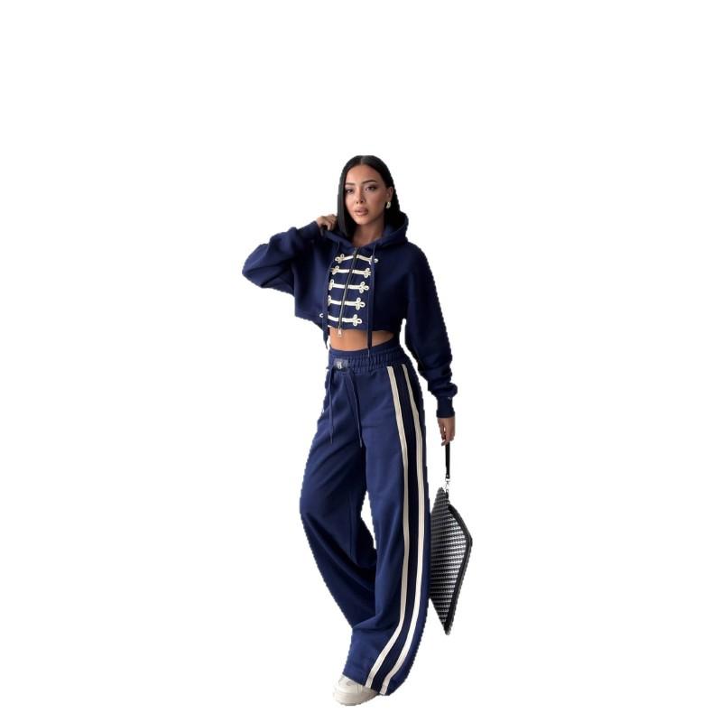 Womens Winter Hooded Short Coat Wide Leg Pants Set Cotton Streetwear Outfit