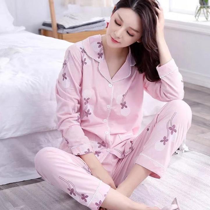 Women's 100% Cotton Long-Sleeve Pajamas for Middle-Aged & Elderly - Loose Cardigan for Autumn/Winter