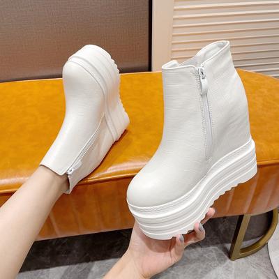807-15 White Inner Heightening Short Boots Wedge Heel Super High Heels 14CM Waterproof Table Single Boots Muffin Thick-soled Martin Boots