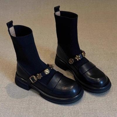 Retro Metal Buckle Elastic Short Boots Autumn and Winter College Style Knitted Boots Women's Versatile Thick-soled Loafers Boots