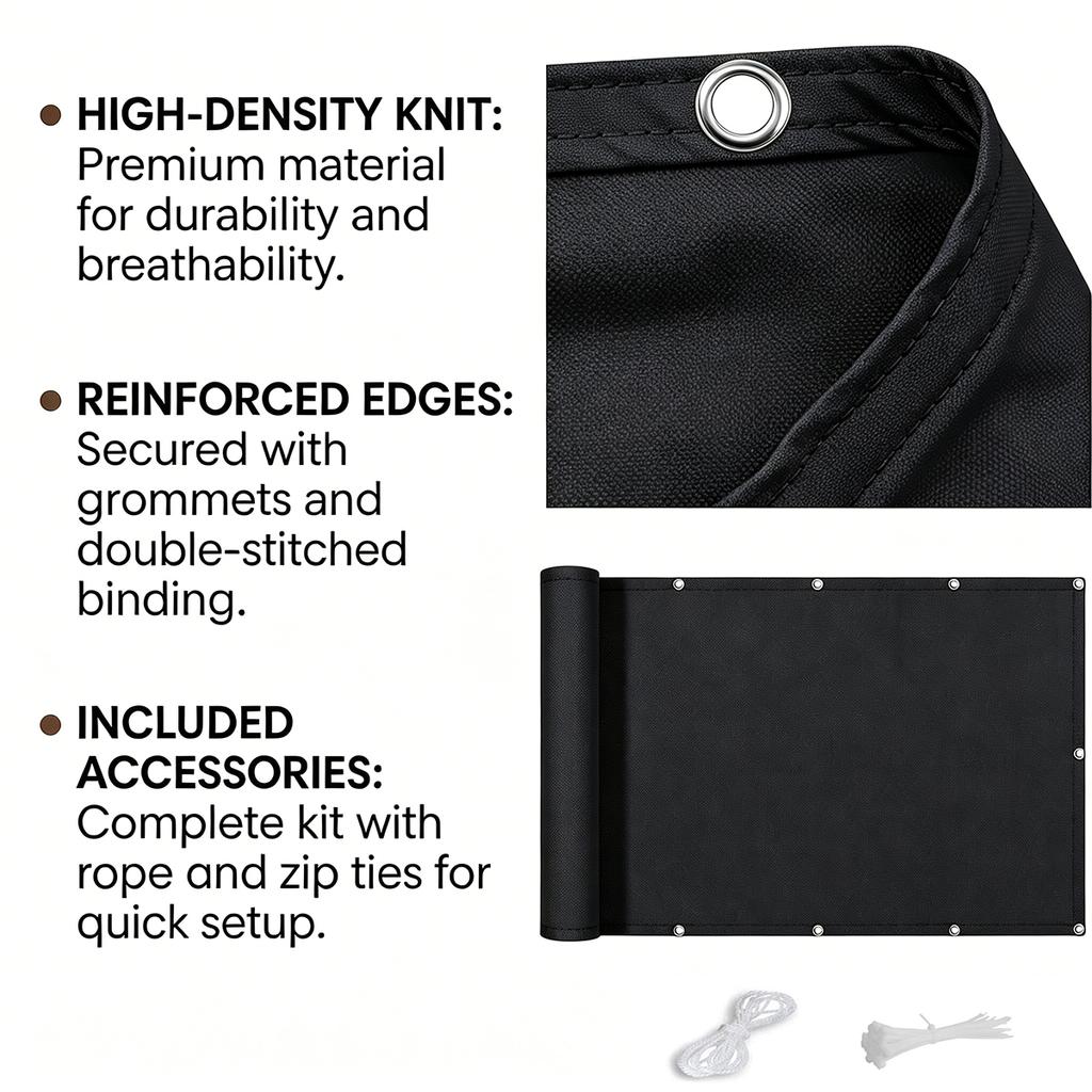 Balcony Privacy Screen, Outdoor Sunshade Fabric, Garden Fence Cover, Apartment Railing Protector with Rope Tie-Downs - Black