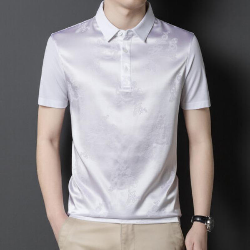 

Мужская шелковая футболка, летняя рубашка-поло из шелка Mulberry с короткими рукавами, модная тонкая толстовка с короткими рукавами и темным узором XXXXL