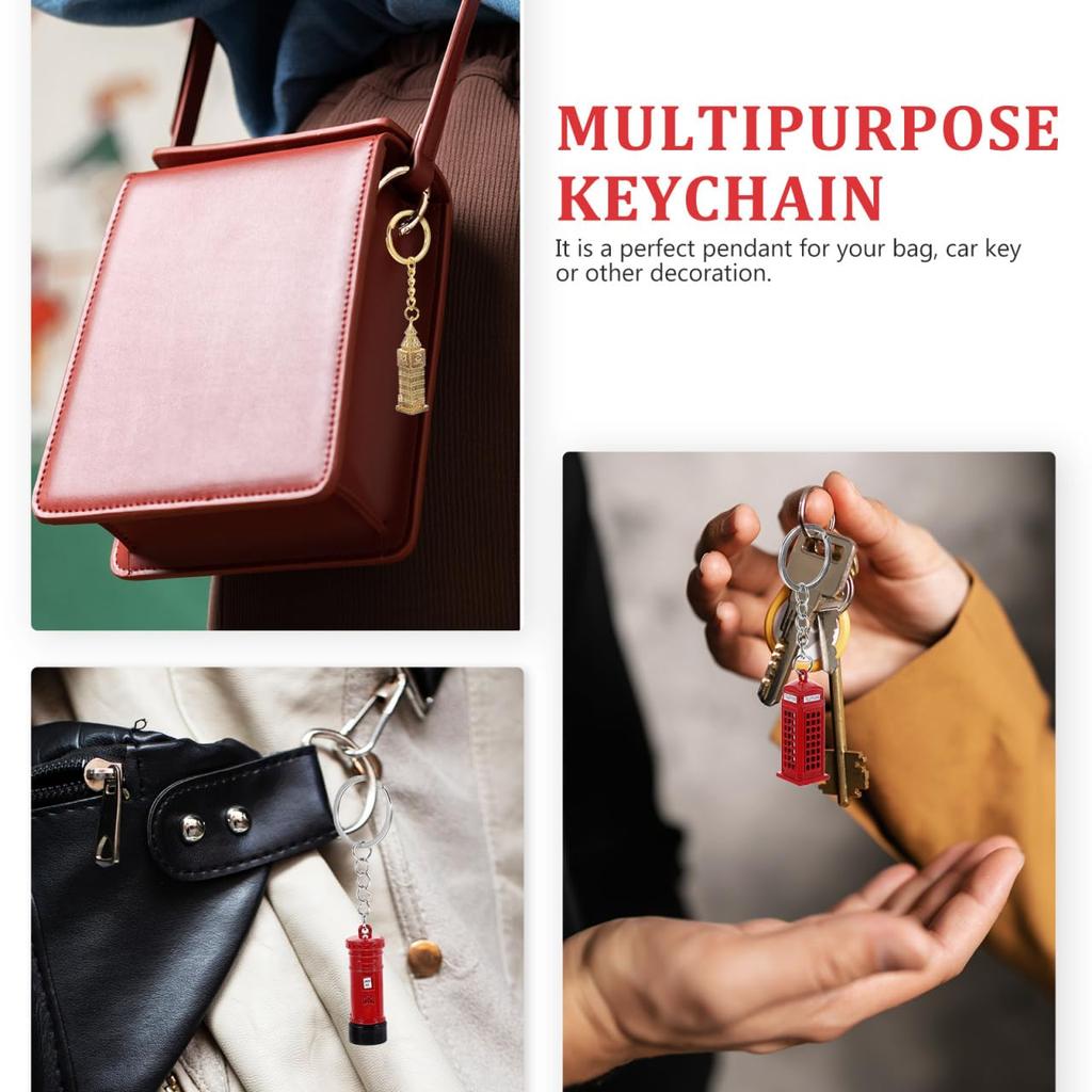 HOLIDYOYO Set of 4 Bus Model Keychains, Alloy London Telephone Booth and Double-Decker Bus Bag Charms, Unisex Keychain Pendants, 4.17" x 0.91" x 0.51"