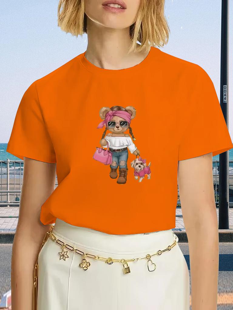 2025 Summer New T Shirt Women Fashion Bear Print Short Sleeve Tops Casual Pullover Street Y2k Fashion Tshirt Female Tees