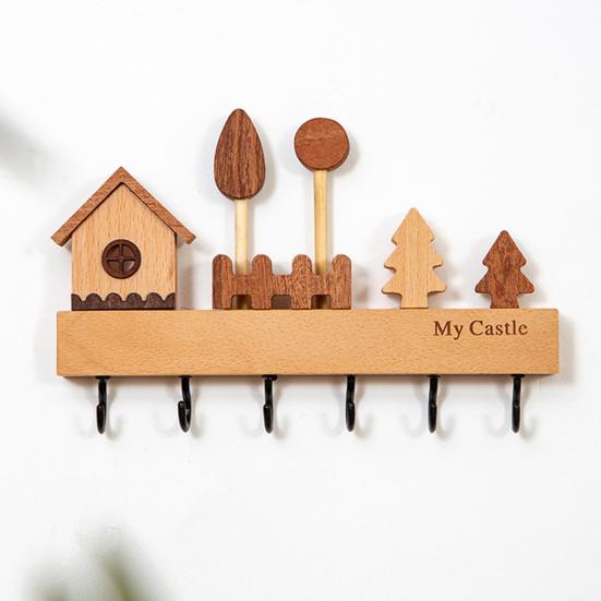 Rustic Wood Key Hanger Hanger with Decorative Wall Mounted 6 Hooks Entrance Key Hanger for Keys