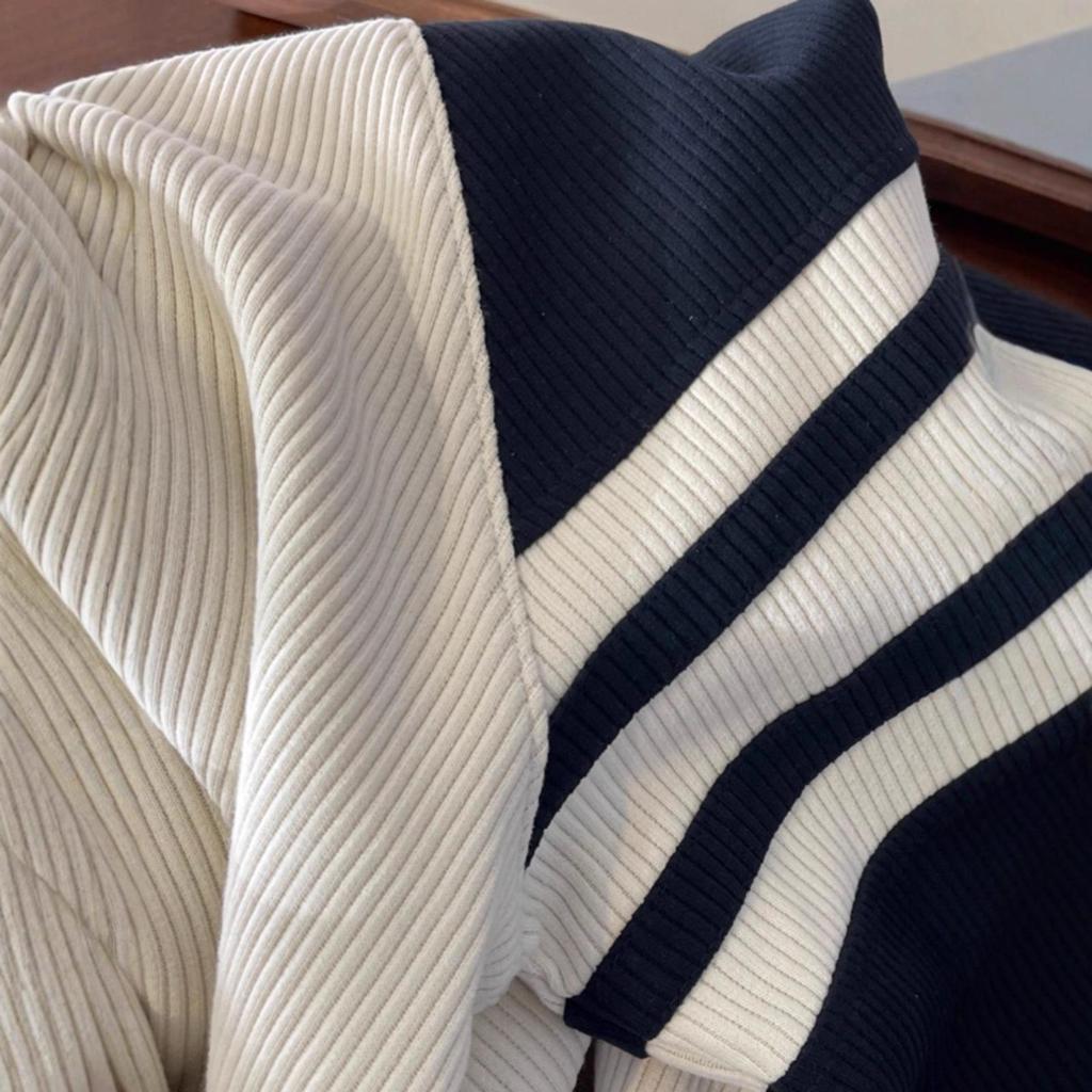 Contrast Color Round Neck Pullover Bottoming Shirt American Retro Splicing Shoulder Long Sleeve Sweater Men's Autumn Wear