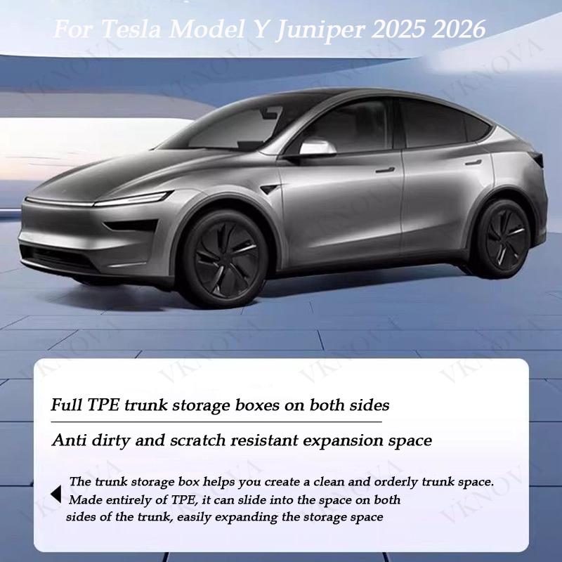 For Tesla Model Y Juniper 2025 Rear Trunk Side Storage Box Cargo Organizer TPE Bin Box Flocking Mat Partition Board Accessories