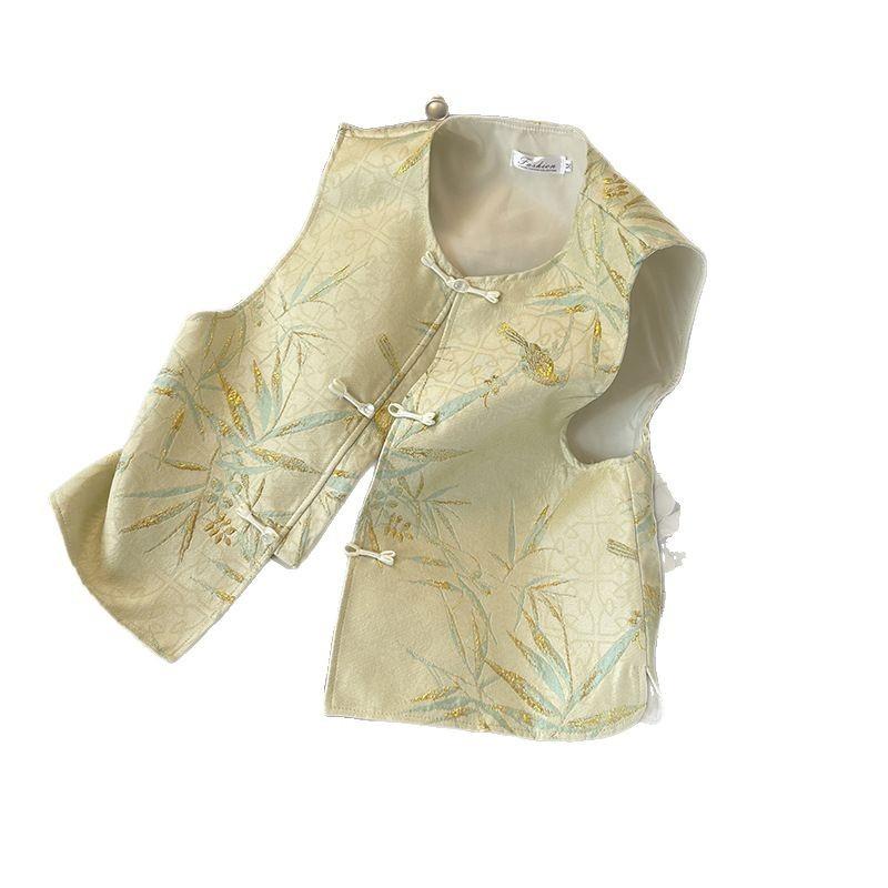 Vest vest brocade spring women's jacquard versatile retro handmade buckle top