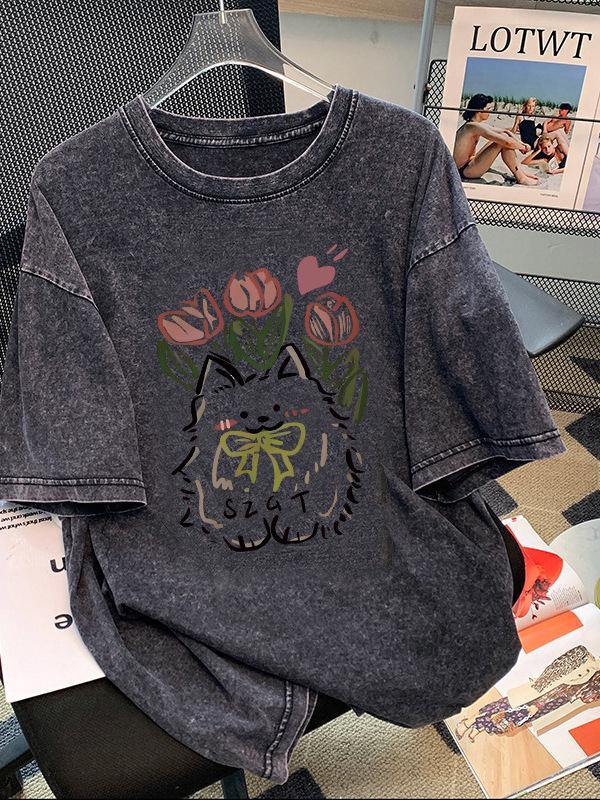Women's Retro Distressed Washed T-shirt - American Trendy Brand, Summer 2026 Edition, Short Sleeve, Pure Cotton, Loose Fit.