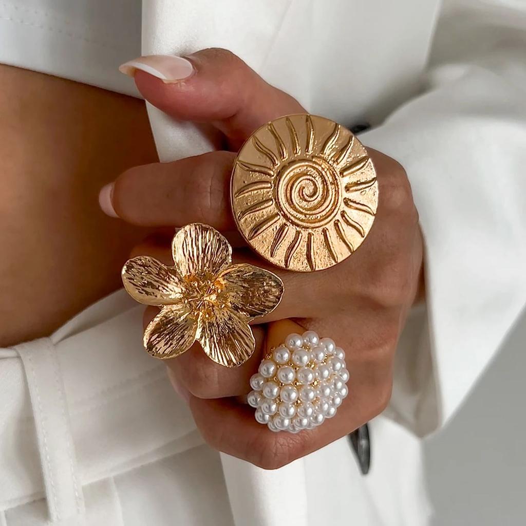 SHIXIN Creative Design Gold Color Large Flower Open Ring for Women Exaggerated Geometric Chunky Adjustable Ring New Year Jewelry